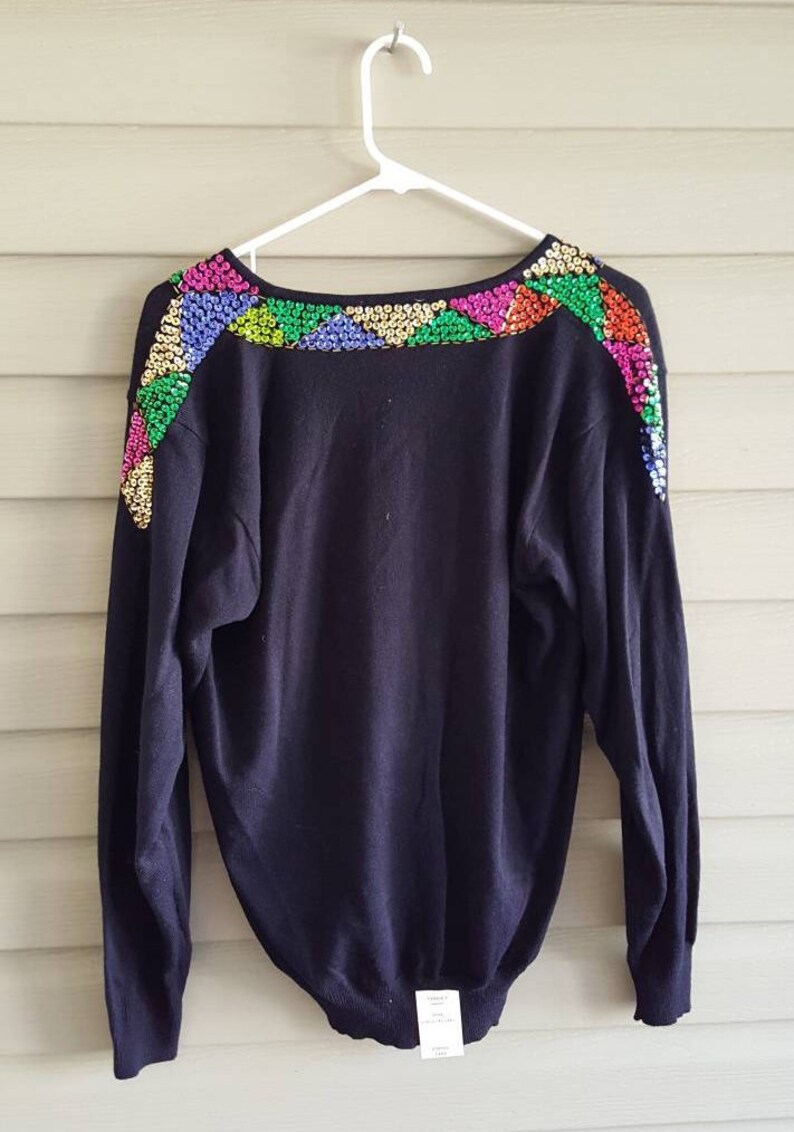 NWT Vintage 90's 80's Regency Collection for Joyce size M floral sequin black long sleeve v-neck sweater Deadstock image 6