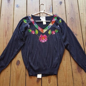 NWT Vintage 90's 80's Regency Collection for Joyce size M floral sequin black long sleeve v-neck sweater Deadstock image 7