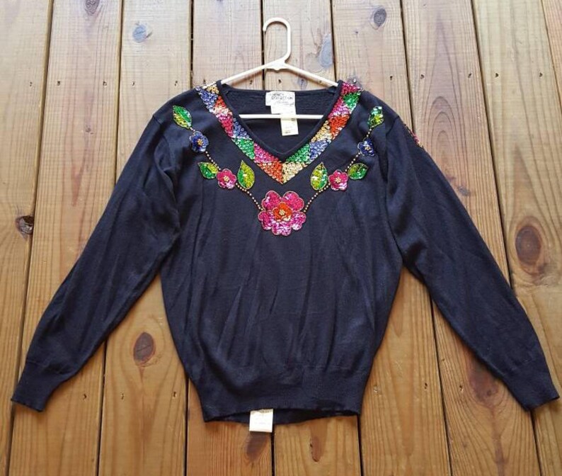 NWT Vintage 90's 80's Regency Collection for Joyce size M floral sequin black long sleeve v-neck sweater Deadstock image 7