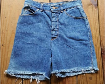 Vintage 70er 80er Jahre Sears Größe 10 27" high waist medium wash jean denim denim ausfransen shorts - Sears Aktion Blues Flex Jeans