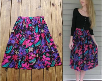 Kay Warner size M 28" waist vintage 80's 90's black, pink, purple floral soft rayon midi skirt