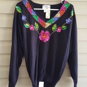 NWT Vintage 90's 80's Regency Collection for Joyce size M floral sequin black long sleeve v-neck sweater Deadstock image 3