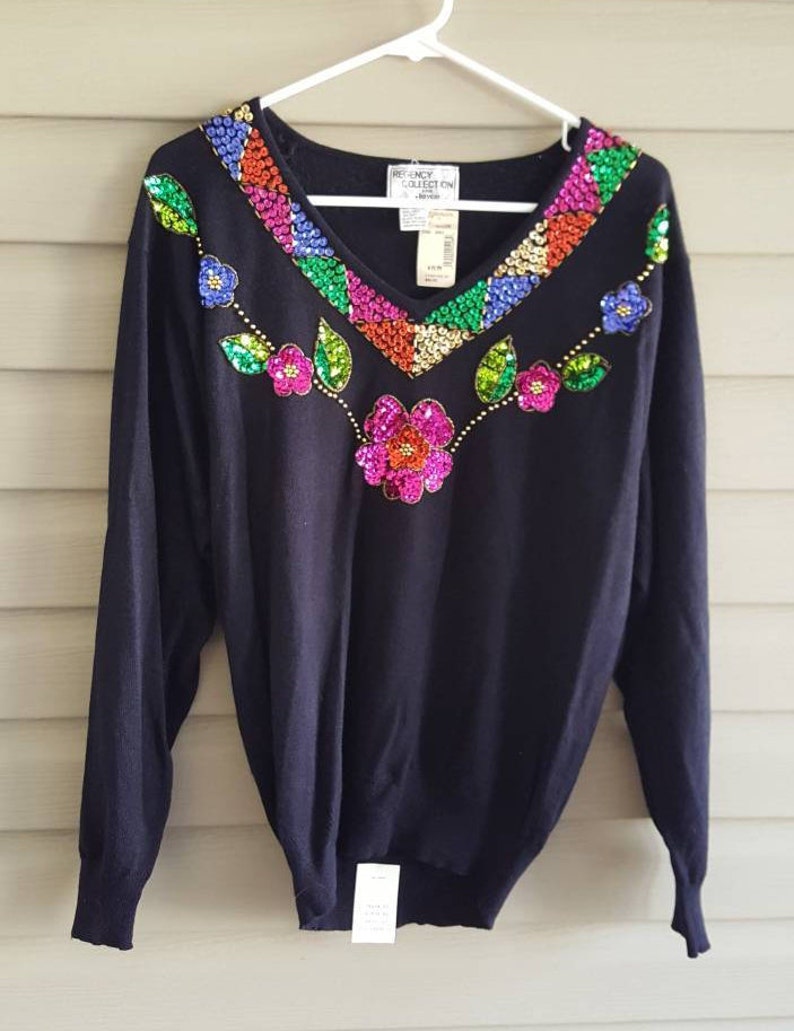 NWT Vintage 90's 80's Regency Collection for Joyce size M floral sequin black long sleeve v-neck sweater Deadstock image 3