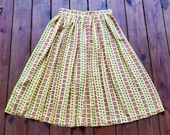 Vintage 80's 90's Chaus size 16 lemon yellow mixed paisley geometric abstract print knife pleated soft rayon skirt