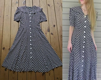 Erika's Place M/L vintage 90's navy blue & white polka-dot sailor collar large button up short sleeve soft rayon maxi dress