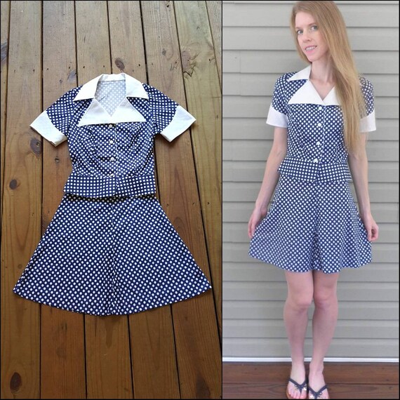 Vintage 60's XS retro navy blue & white polka-dot