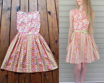 XS/S retro vintage 60's 70's pink, orange, yellow flower power mixed floral classic high boat neck sleeveless fit & flare mini dress
