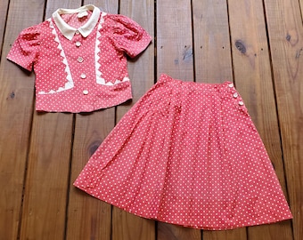 Conjunto de dos piezas con falda y top a juego, estilo retro, de lunares en blanco y rosa coral, para bebés y niñas pequeñas, de los años 30 y 1930