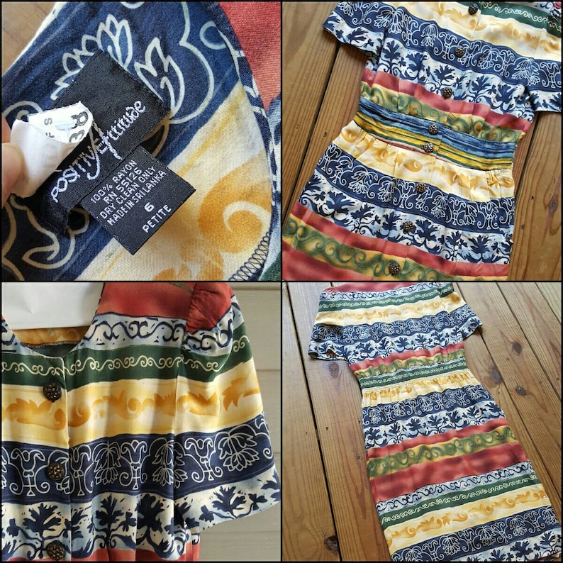 May include: A multi-colored short-sleeved dress with a striped pattern featuring floral and geometric designs. The dress has a fitted bodice and a slightly flared skirt. The fabric is a rayon blend and the dress is labeled as size 6 petite.
