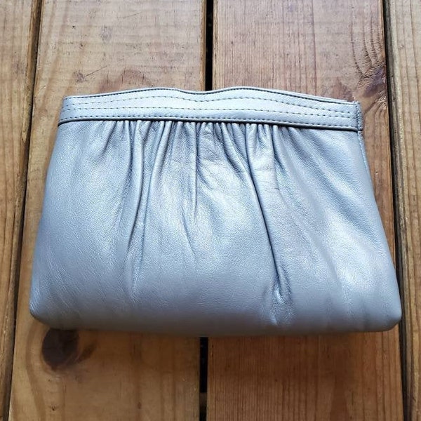 Vintage gray pleated spring top clutch / shoulder bag with attached long gold chain for shoulder strap - evening, special occasion