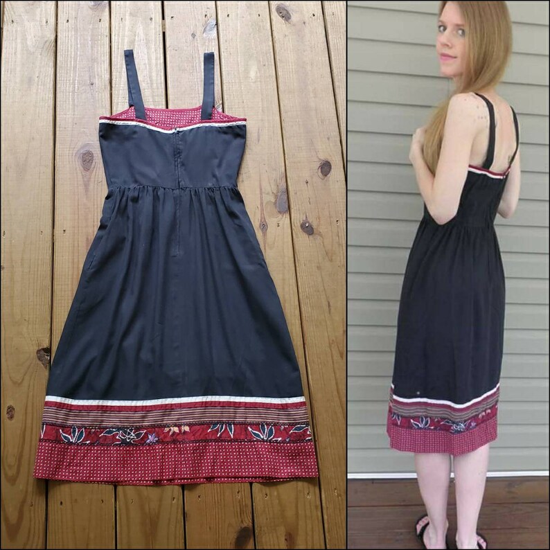 JT Dress size Small vintage 80/'s does 50/'s black /& cranberry red border print retro style square neck midi sun dress w pockets