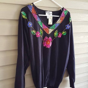 NWT Vintage 90's 80's Regency Collection for Joyce size M floral sequin black long sleeve v-neck sweater Deadstock image 5