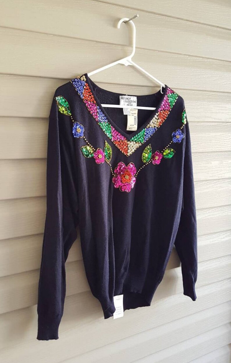 NWT Vintage 90's 80's Regency Collection for Joyce size M floral sequin black long sleeve v-neck sweater Deadstock image 5