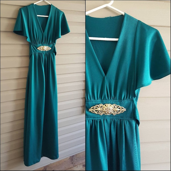 Vintage 70's M emerald green & gold embellished f… - image 2