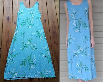 Vintage 80's 90's S/M aqua blue floral soft comfy maxi dress w/ back zipper