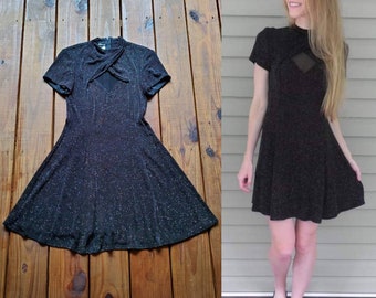 SL Fashions size Small vintage 90's y2k black rainbow sparkle glitter short sleeve mesh diamond mock neck mini dress