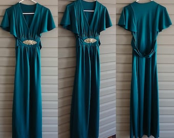 Vintage 70's M emerald green & gold embellished flutter sleeve back belt v-neck maxi gown dress - 1970's