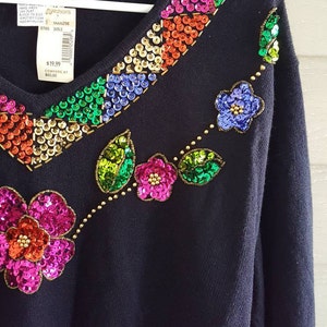 NWT Vintage 90's 80's Regency Collection for Joyce size M floral sequin black long sleeve v-neck sweater Deadstock image 4