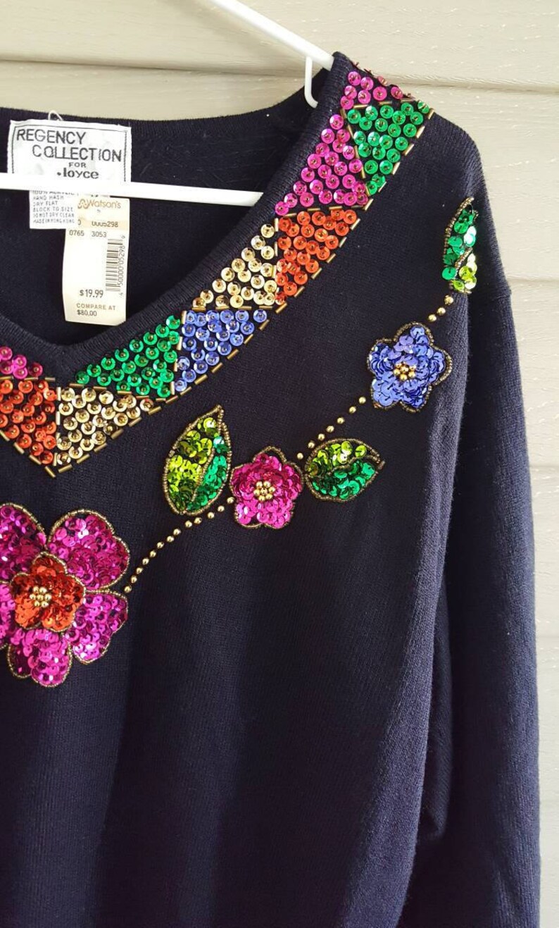 NWT Vintage 90's 80's Regency Collection for Joyce size M floral sequin black long sleeve v-neck sweater Deadstock image 4