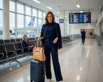 May include: A tan leather tote bag with dual top handles and a dark blue hard-shell rolling suitcase. The tote features a structured rectangular shape with metallic hardware accents, while the suitcase has a smooth finish and a retractable handle.