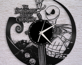 Wall Clock, Nightmare Before Christmas Clock, Jack Skellington Halloween Disney Inspired Wall Decor, Tim Burton, Jack and Sally Vinyl Record