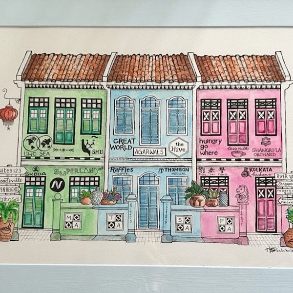 An original personalised water colour painted drawing of a Singapore shophouse.