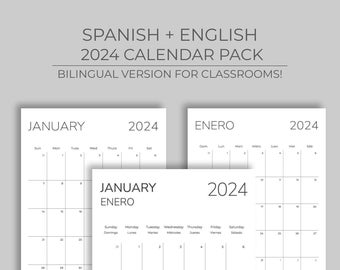 SPANISH + ENGLISH Bilingual 2024 Calendar Pack - Perfect for Classroom! Monday and Sunday start version, A4 and US Letter printing sizes.