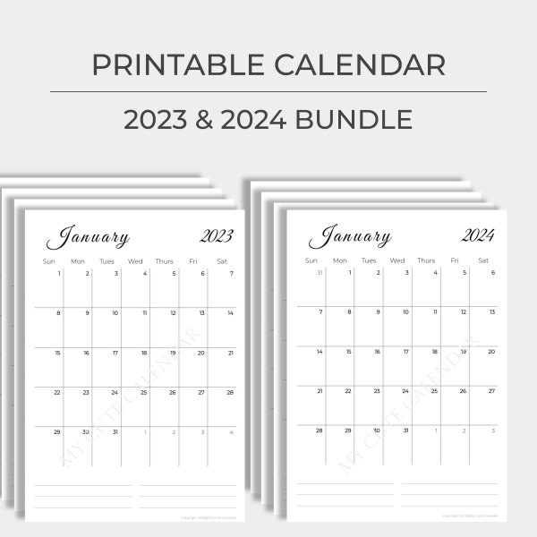 2023 + 2024 Handwriting Calendar Bundle Pack - with space for notes - Instant Download files US Letter & A4 Portrait and Landscape