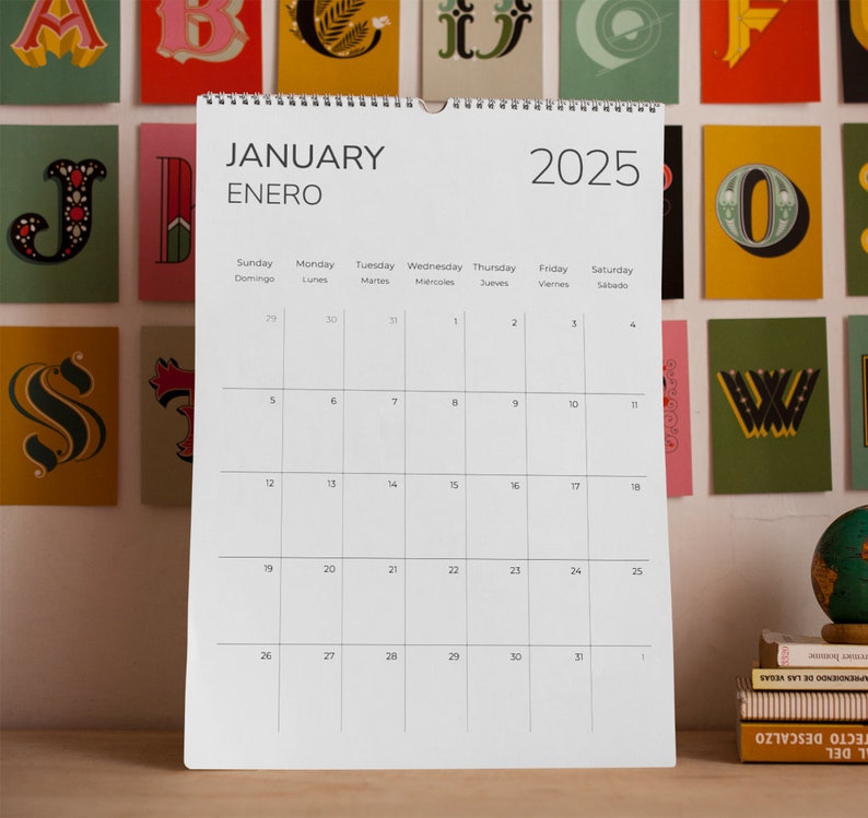 Duo Language 2025 Calendar SPANISH English Printable Monthly Planner Monday and Sunday Start A4