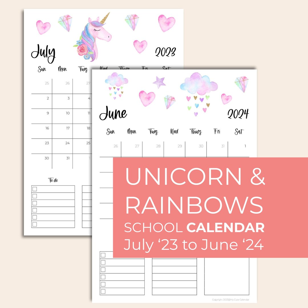 2023/2024 Unicorns and Rainbow SCHOOL CALENDAR School Year Etsy