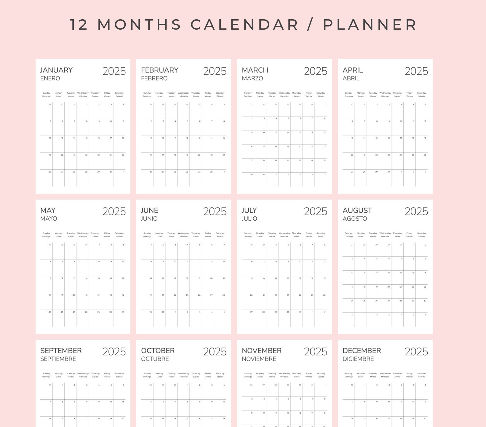 Duo Language 2025 Calendar SPANISH English Printable Monthly Planner Monday and Sunday Start A4