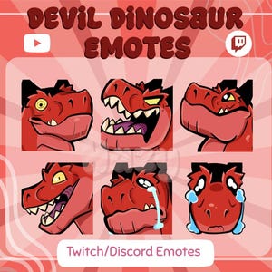 Könnte beinhalten: Ein Satz von sechs roten Teufelsdinosaurier-Emotes mit verschiedenen Ausdrücken, darunter wütend, weinend und lächelnd. Der Text "DEVIL DINOSAUR EMOTES" steht oben, mit "Twitch/Discord Emotes" unten.