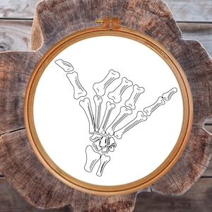 Shaka Hang Loose Skeleton Hand Embroidery Pattern | Bones and Anatomy | Beginners Intermediate Advanced | Wall Hoop Fiber Art | DIY Surf