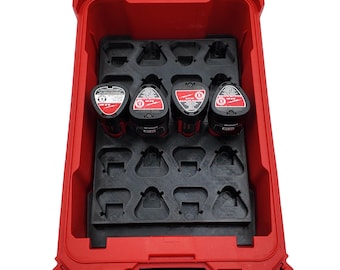 Milwaukee M12 Battery Organizer Insert | Holds 20 Batteries | Fits PACKOUT Compact Organizer | Hidden AirTag Holder