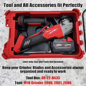 May include: A red tool case with a black and red grinder, battery, and accessories. The text on the case reads "Tool and All Accessories fit Perfectly" and "Keep your Grinder, Blades and Accessories always organized and ready to work."