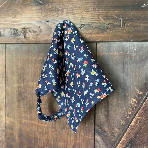 Mushroom bandana, Navy headwrap, Womens headscarf, Head Scarf, Headscarves for Women, Summer Headscarf, Triangle Scarf, Elastic Back