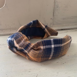 Plaid Top Knot, Brown and Blue Plaid Knotted Headband, Wide Headband, Tartan Fabric Headband, Headbands for Women