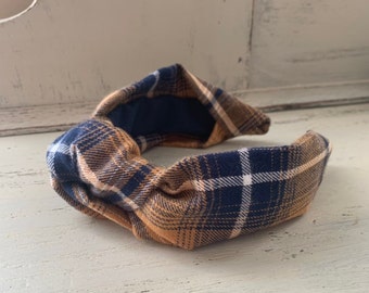 Plaid Top Knot, Brown and Blue Plaid Knotted Headband, Wide Headband, Tartan Fabric Headband, Headbands for Women