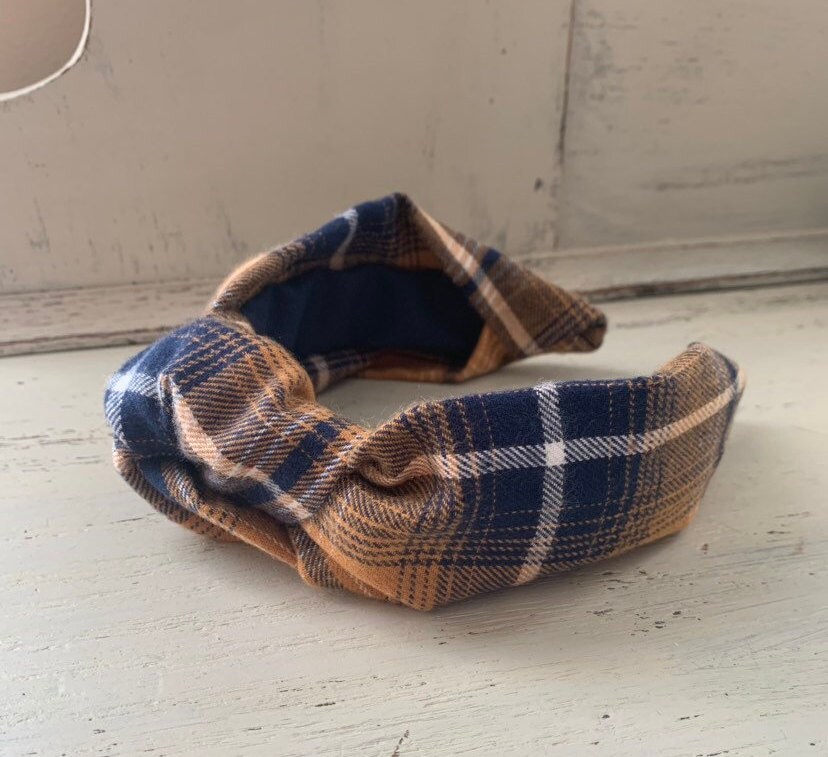Plaid Top Knot, Brown and Blue Plaid Knotted Headband, Wide 