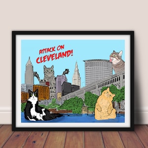 Cleveland Cat Pop Art // Cleveland Cat Skyline Art // Cleveland Skyline 8x10 Print