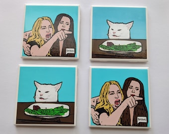Housewives Cat Meme coasters // Woman Yells at Cat Meme art