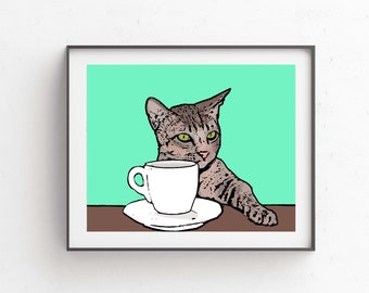 Coffee Cat Pop Art // Treat Yo self Cat Art // Cat Coffee // 10x8 Print