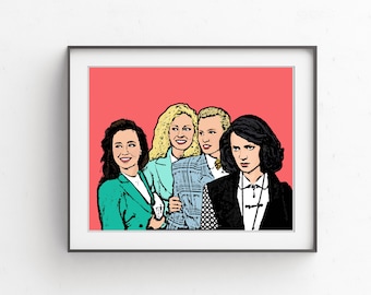 May include: Four women stand together in a pop art style illustration. They are all wearing different outfits, including a green blazer, a blue and white plaid blazer, a blue and white patterned blazer, and a black blazer. The background is a solid pink color.