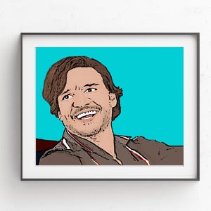 Può includere: Stampa artistica incorniciata raffigurante una persona sorridente con capelli castani e una giacca marrone. L'opera d'arte ha uno stile a cartone animato con uno sfondo turchese e un contorno nero. La persona guarda di lato.