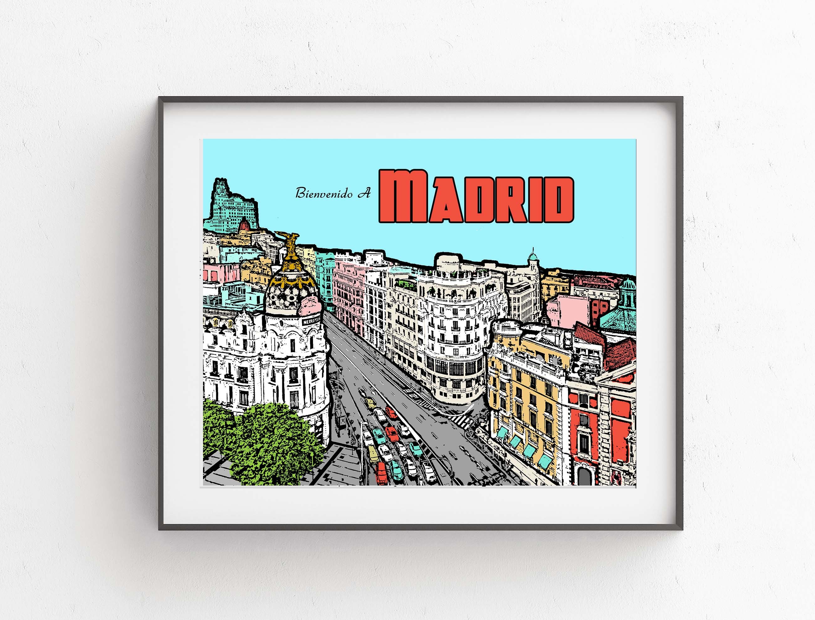 Madrid Cartoon Pop Art Skyline // Madrid Art // Fun Madrid Skyline