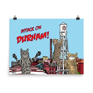 Durham North Carolina Funny Cat Skyline Poster