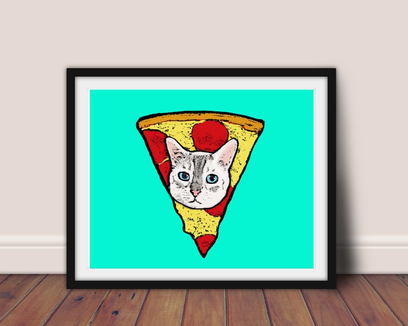 Pizza Cat Portrait // Cat Art // Pizza Art // Bread Cat Etsy