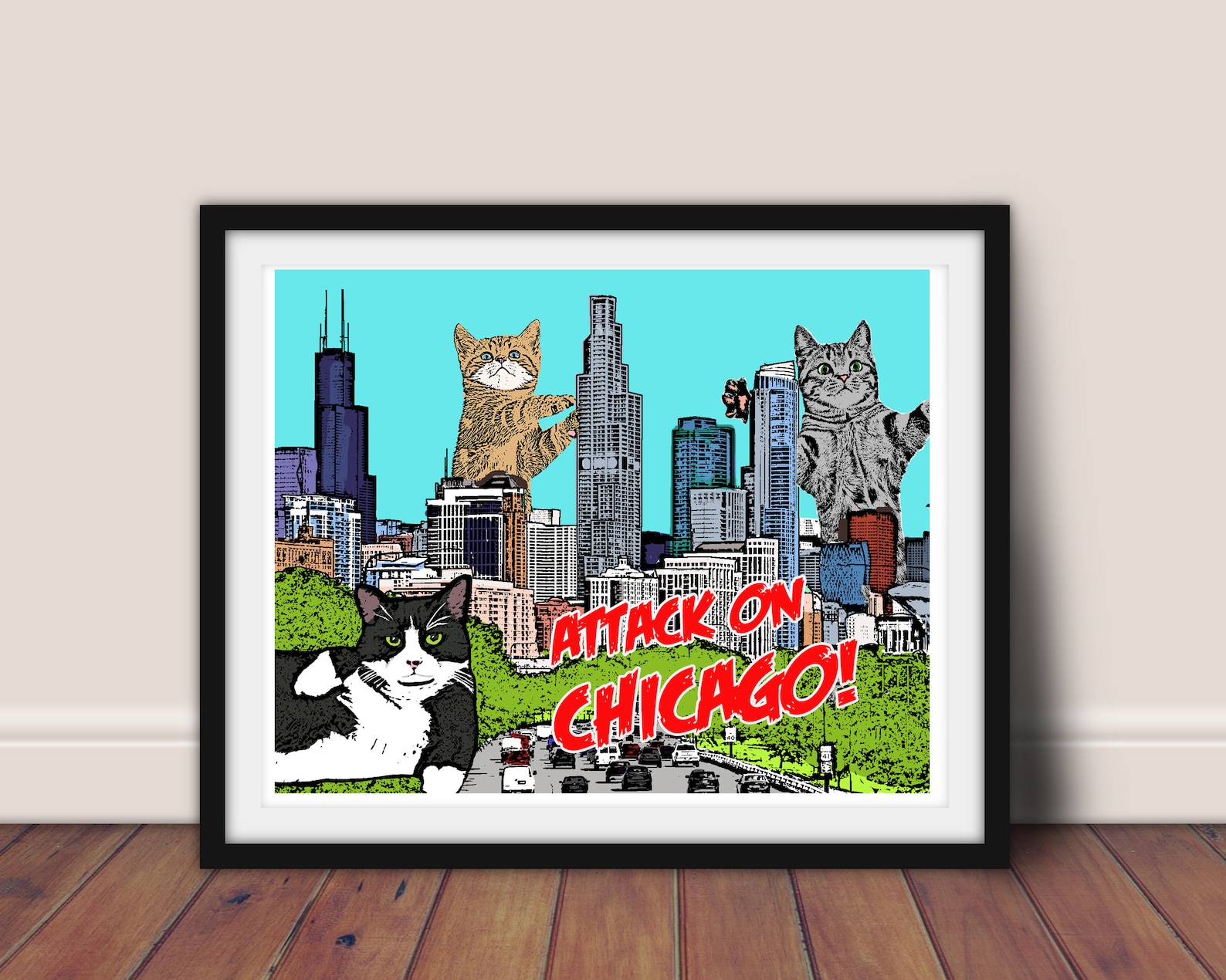 Chicago Cat Pop Art // Chicago Skyline Art // Chicago 8x10 Etsy