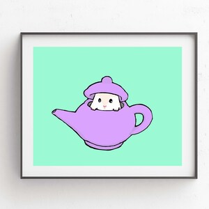 May include: A purple teapot with a white hamster peeking out of the spout. The teapot is on a light green background.