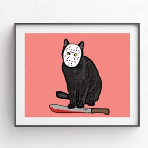Horror Cat Friday the 13th Jason // Horror Movie Cat Art // Friday the 13th Jason Art